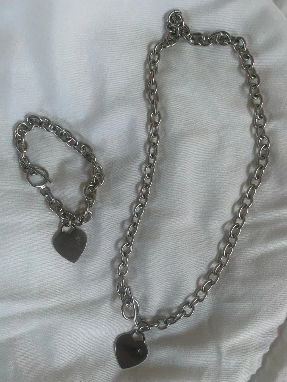 Vintage Technibond Toggle Heart Necklace And Bracelet Set With Diamond Chip